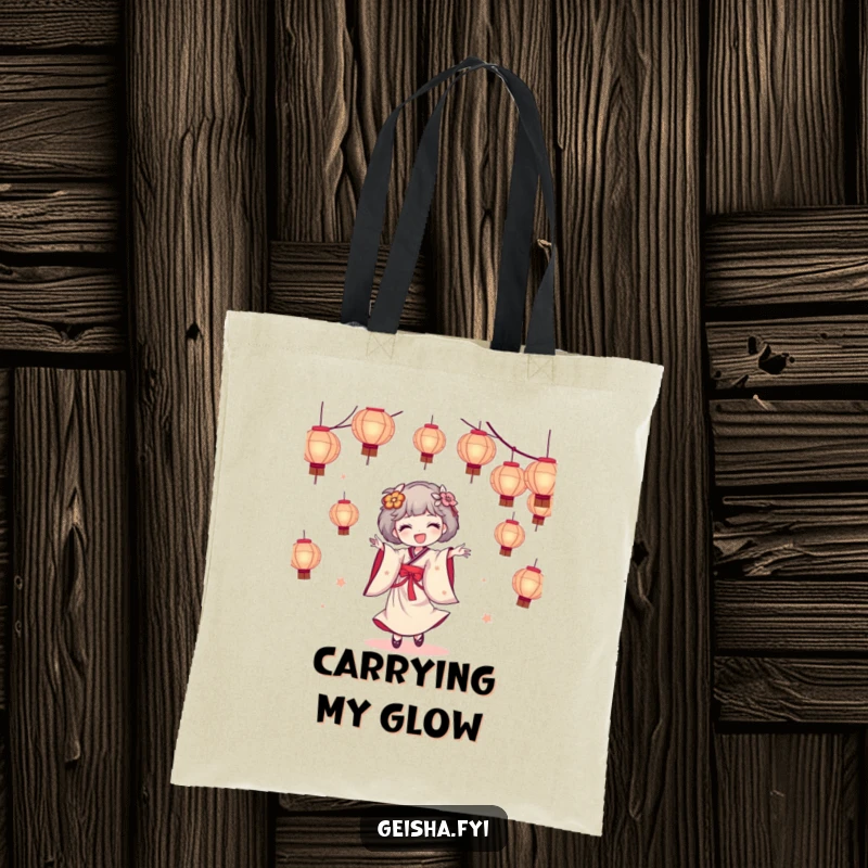 Funny geisha tote bag illustrating a geisha character joyfully dancing amidst a spectacular cascade of illuminated paper lanterns, a festive accessory.