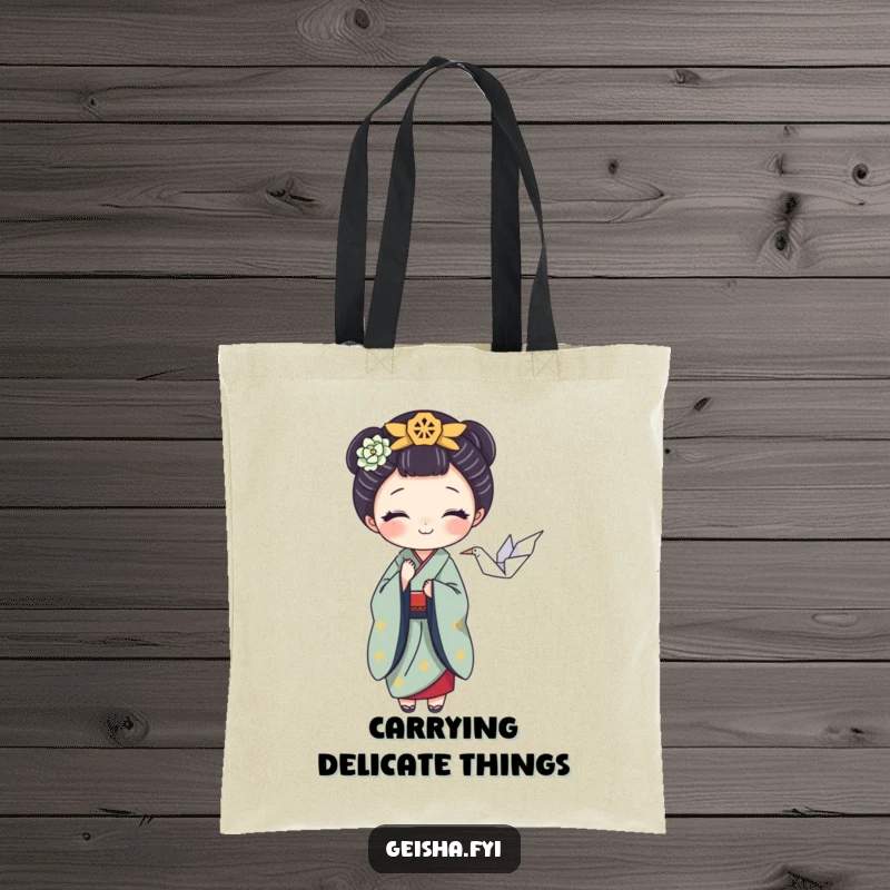 Funny tote bag with a playful geisha character balancing a tiny origami crane, a humorous and artistic accessory.