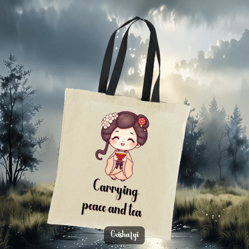 Funny geisha character with a sweet smile holding a tiny cup of tea on a durable and stylish tote bag.