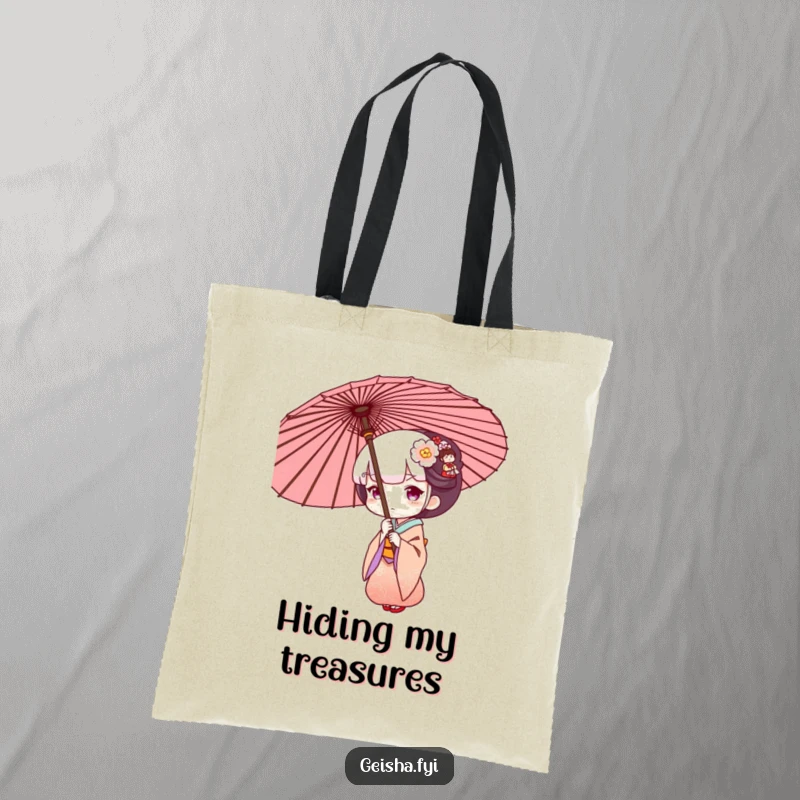 Funny Geisha peeking from behind an ornate umbrella, practical and humorous tote bag design.