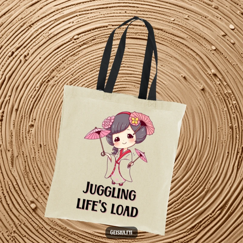 Funny geisha tote bag, a geisha with a mischievous smile juggles three small umbrellas, a whimsical and practical accessory.