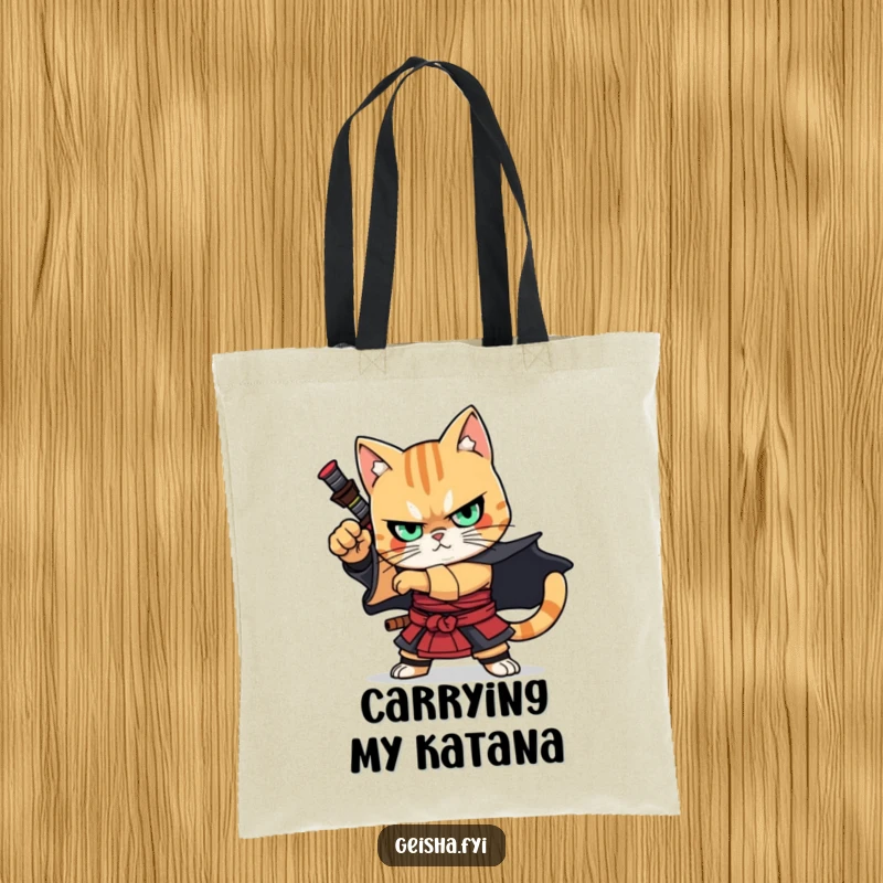 Funny Tote Bag: A determined cat warrior in samurai garb, striking an imposing, dramatic pose, ideal for carrying items with style and humor.