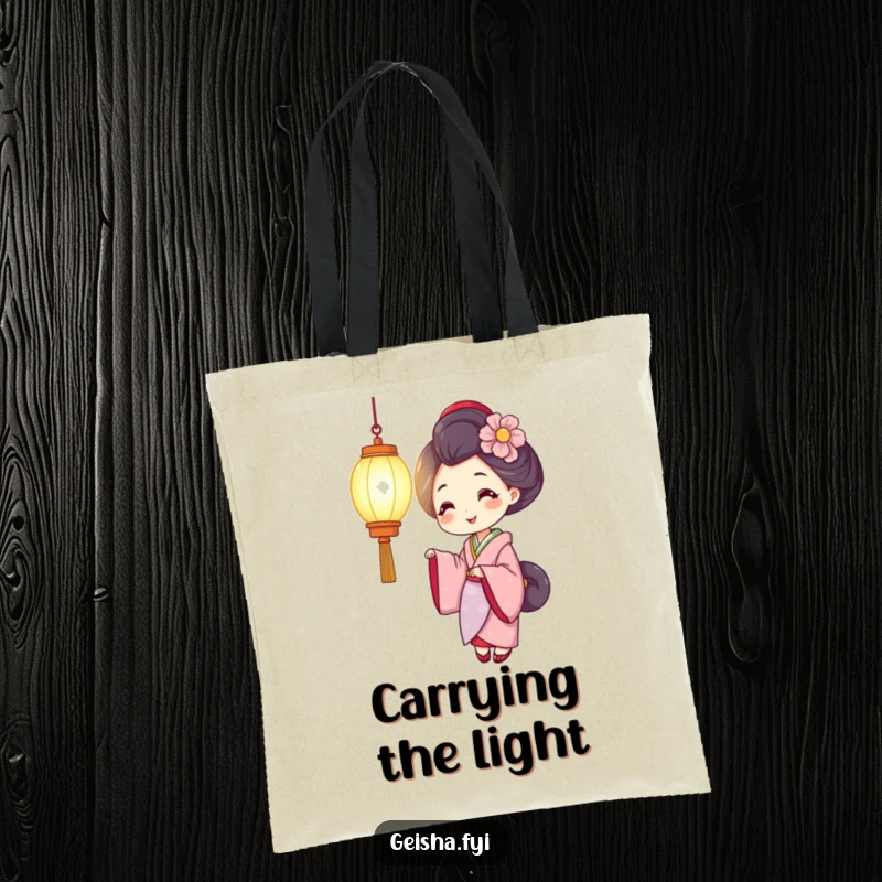 Funny geisha tote bag with a smiling woman holding a brightly glowing lantern, ideal for carrying essentials with warmth and cheer.