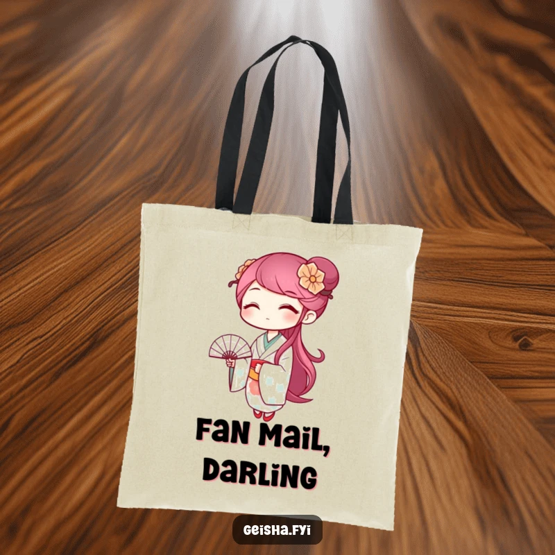 Funny geisha tote bag showcasing a winking character waving a patterned fan, a charming and humorous carry-all.