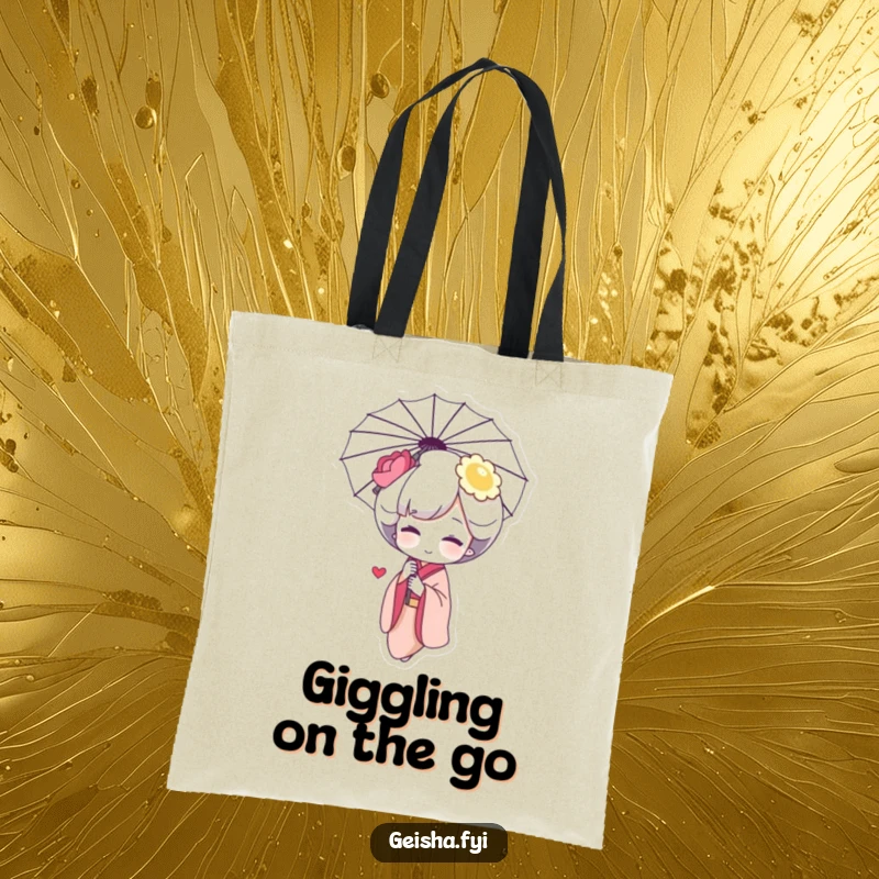 Funny Geisha Giggle Tote Bag: a shy character blushing and giggling behind an umbrella, ideal for carrying daily items.