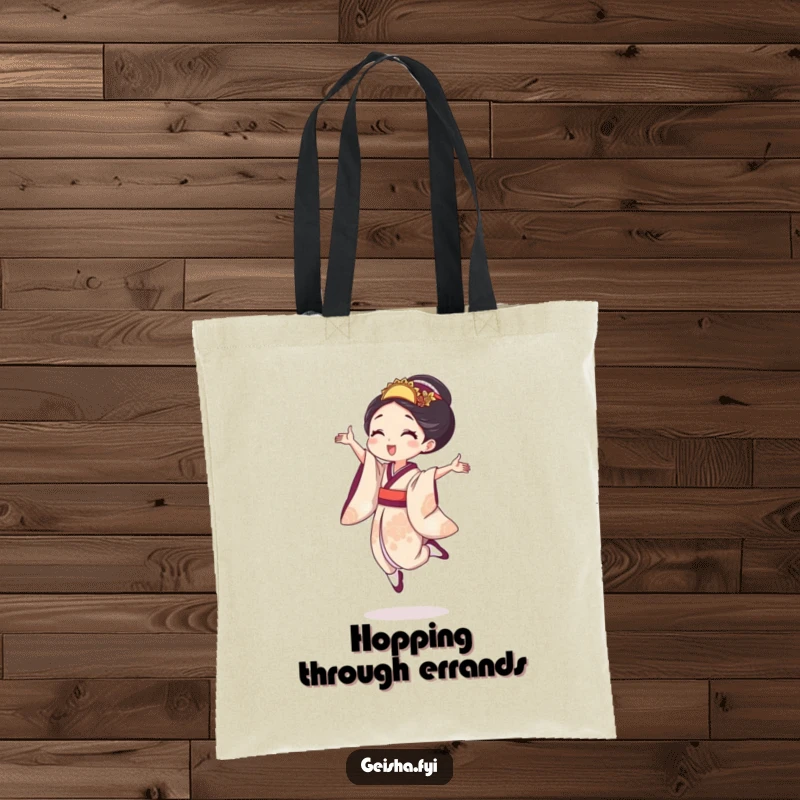 Funny geisha tote bag with a woman in a tiny, joyful leap, perfect for carrying essentials with a dose of cheerful energy.