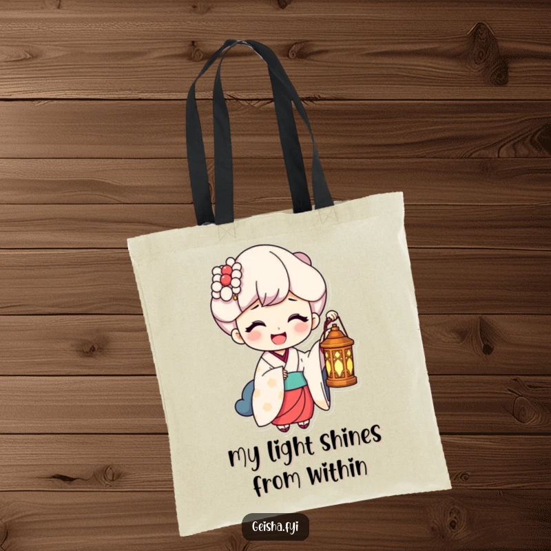 Funny Tote Bag: A geisha holds a lantern, its warm light shining on a face beaming with uncontrollable laughter.