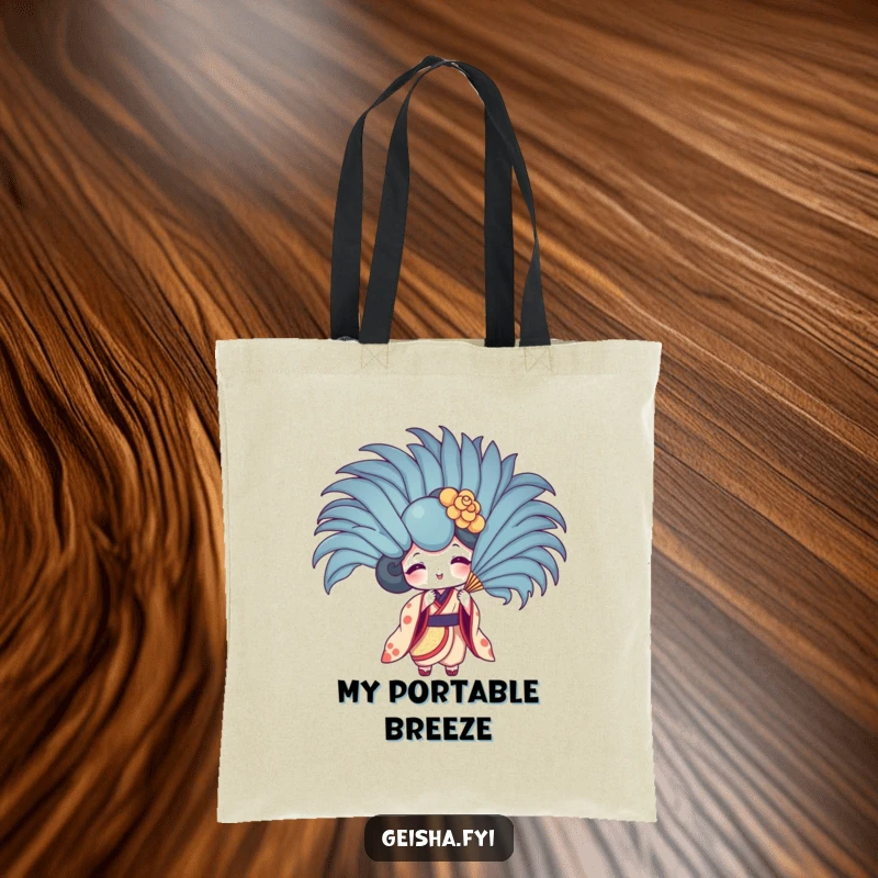 Funny geisha fan tote bag featuring character fanning with a giant feather. Playful, practical, and fashionable.