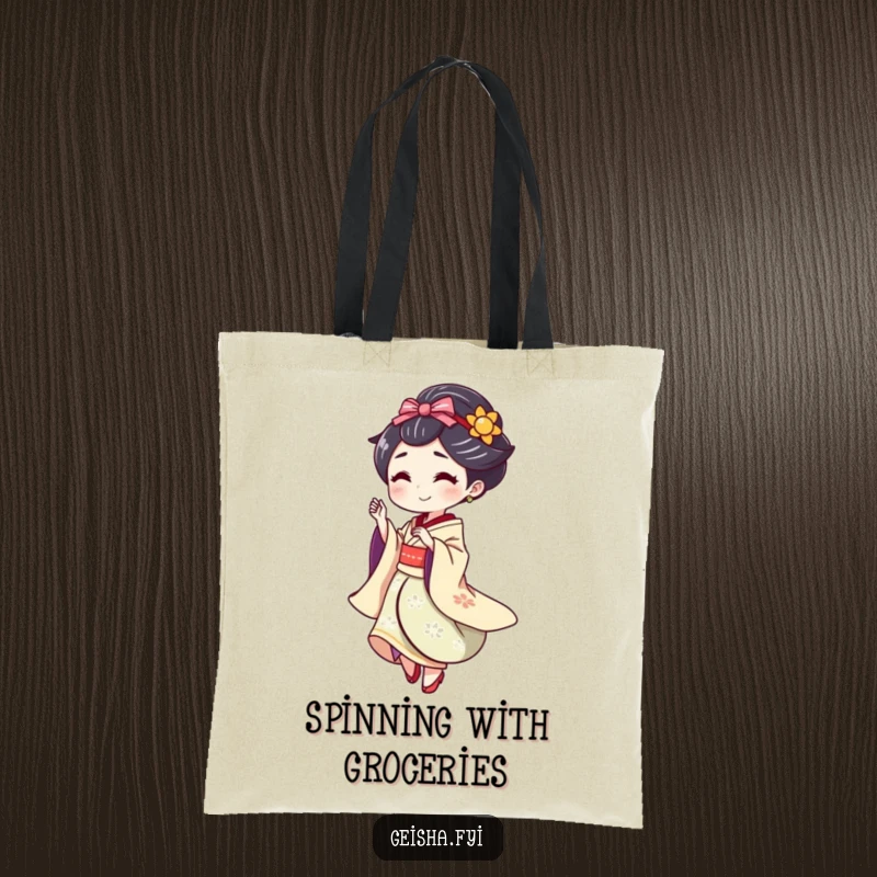 Funny Geisha doing a playful spin with a flourish, humorous and functional tote bag.
