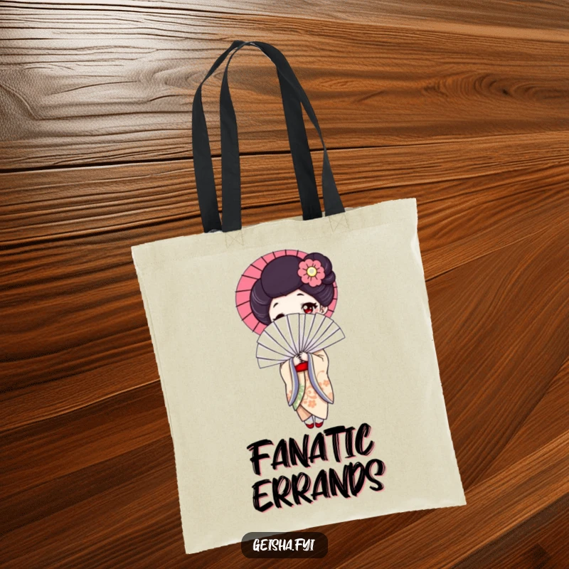 Funny geisha tote bag, chic accessory with an elegant woman and a giant, funny fan, ideal for a humorous shopper.